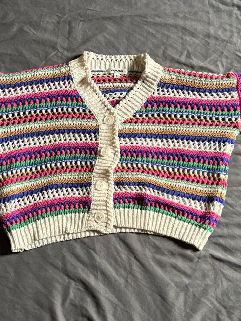 Vigoss Multicolor Striped Open-Knit V-Neck Cardigan - Picture 2 of 15
